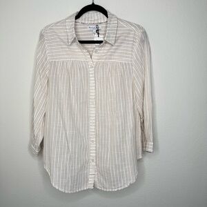 Michael Stars Striped Button-Up Blouse Floral Cuff Details Tan Whit Size Small
